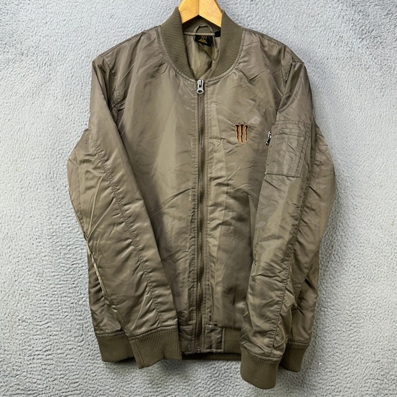 Java‎ Monster Mens Large Bomber Jacket Olive Green Zip Up Quilted Lined Logo EUC